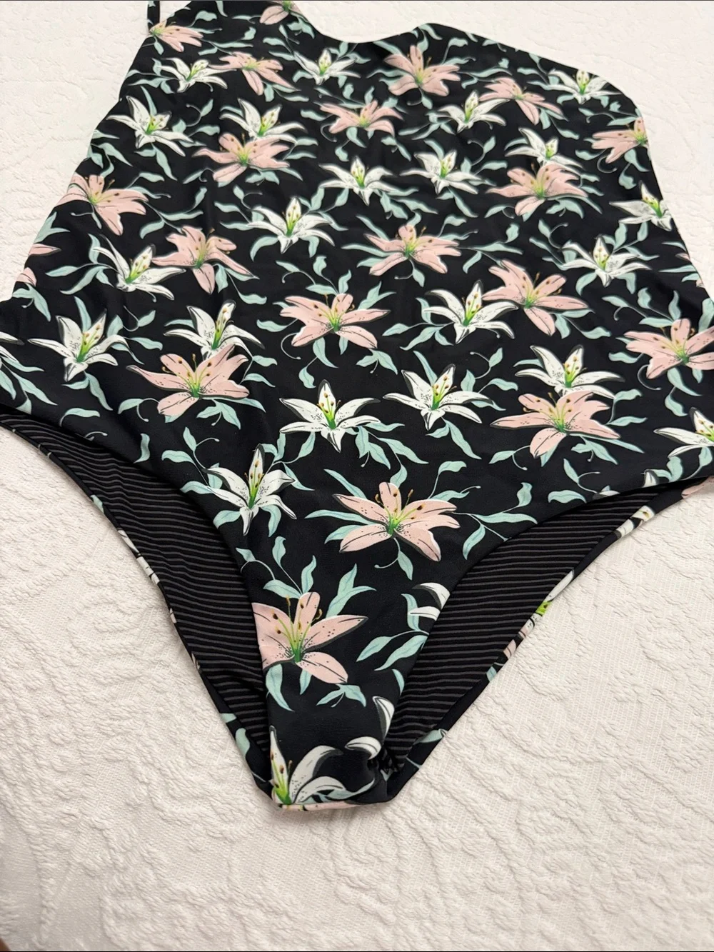 acacia swimwear Black Floral One-Piece with Pink Lily Print